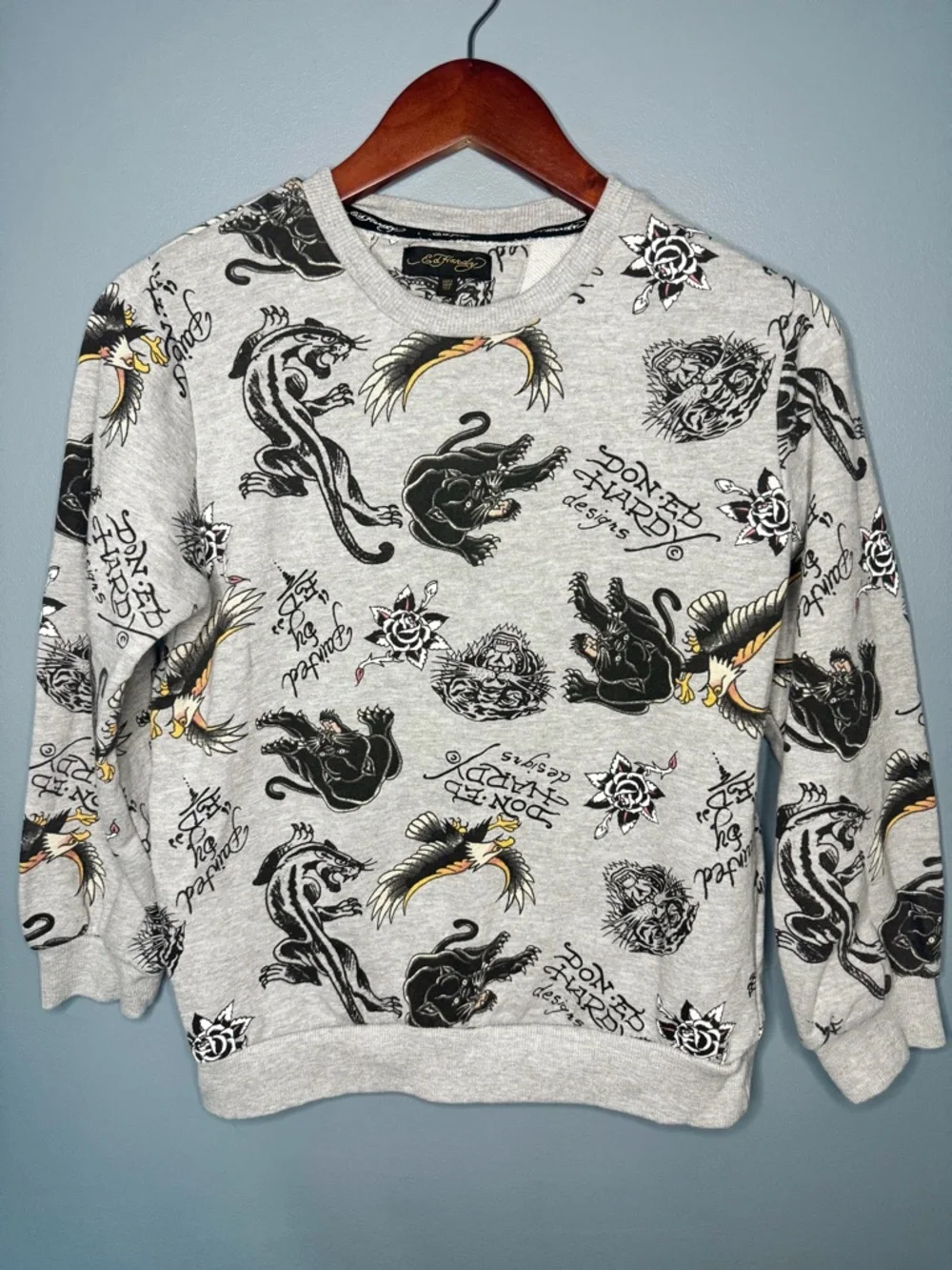 Ed Hardy Kids Crewneck Pullover Sweatshirt Gray Y2K Tattoo Print | Size 12